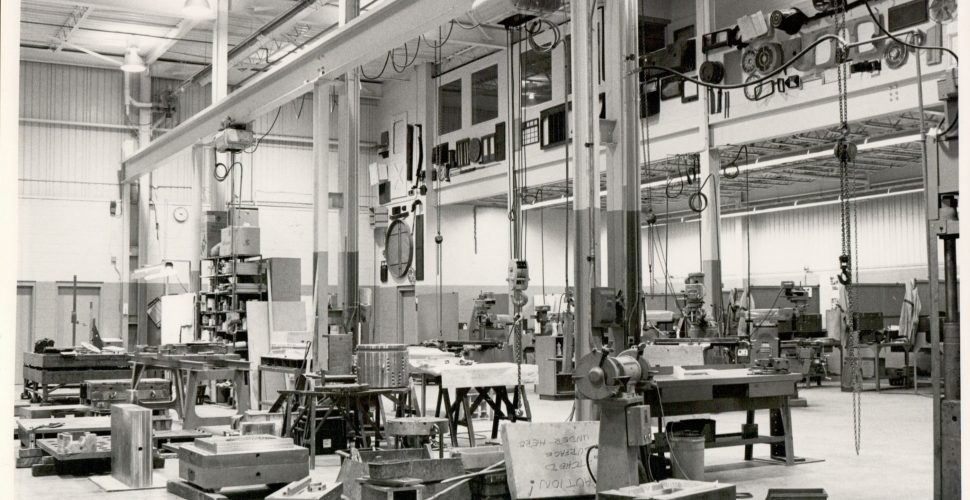 A black and white image of what Canadian Mould Maker Cavalier Tool's Plant used to look like. You cans see three old Machine Centres lined up in the old machining department.