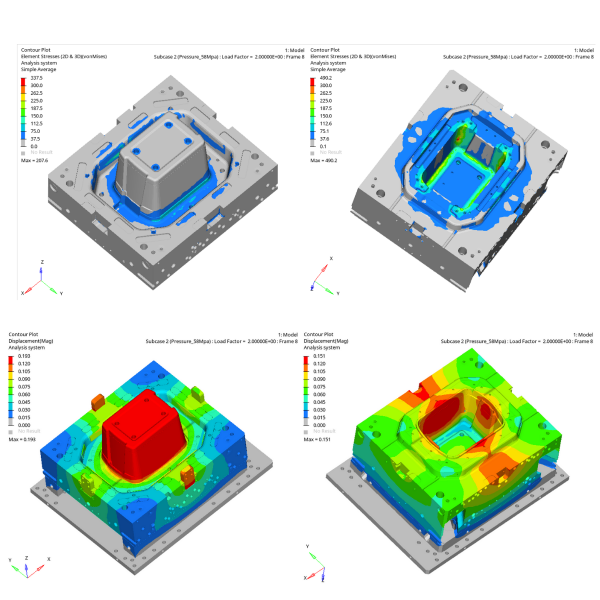 An image of a CAD File detailing our Feasibility Process. The parts featured on the screen are for a plastic injection molded bin. There is a color scale on the left hand side detailing where mold pressures are the highest. We use the Feasibility process to provide our customers with a shorter build time.