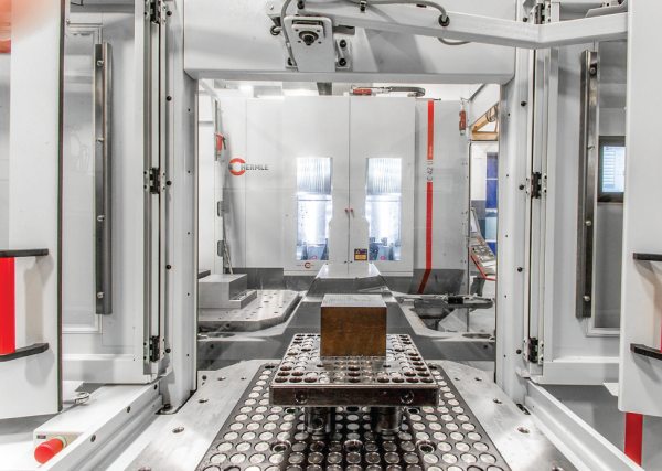 Shown here is the first automation unit Cavalier installed with a Hermle C42 U five-axis CNC and five Hermle PW850 pallets, plus a two-axis pallet changer/shuttle.