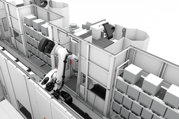 A concept image of Cavalier's automated work cell featuring a seven-axis Kuka Robot. This is a key element to make molds for plastics more efficiently.